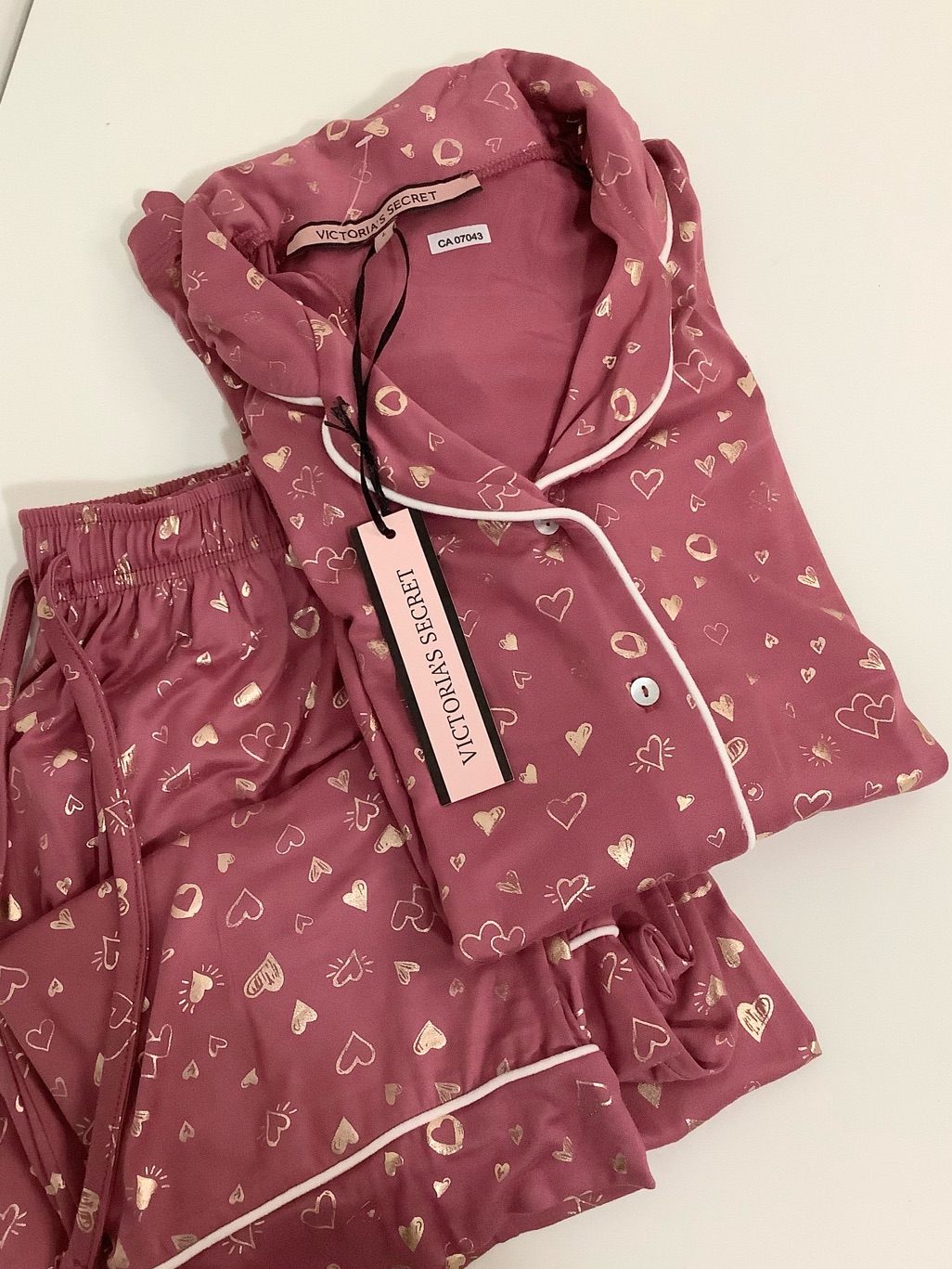 Nwt Victoria's Secret Mauve-Pink Pajama Set With Gold Heart Print,.Sz. L